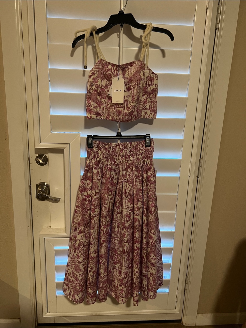 Joie Pink Toile Tie-Shoulder Crop Top & Skirt